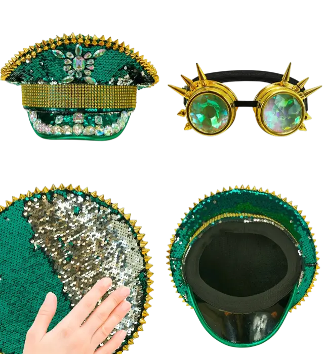 Cappellino Festival Verde con Punte, Gioielli e Occhiali Kaleidoscopici con Paillettes – Accessorio Costume