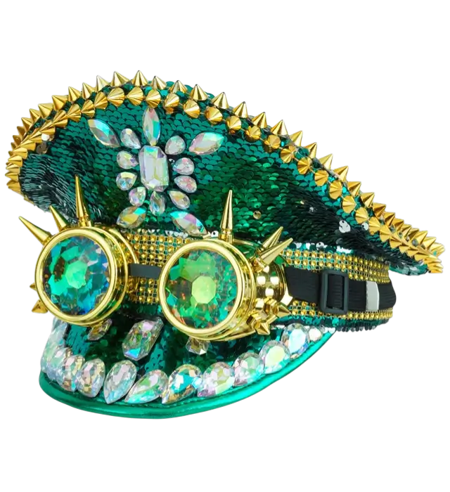 Cappellino Festival Verde con Punte, Gioielli e Occhiali Kaleidoscopici con Paillettes – Accessorio Costume