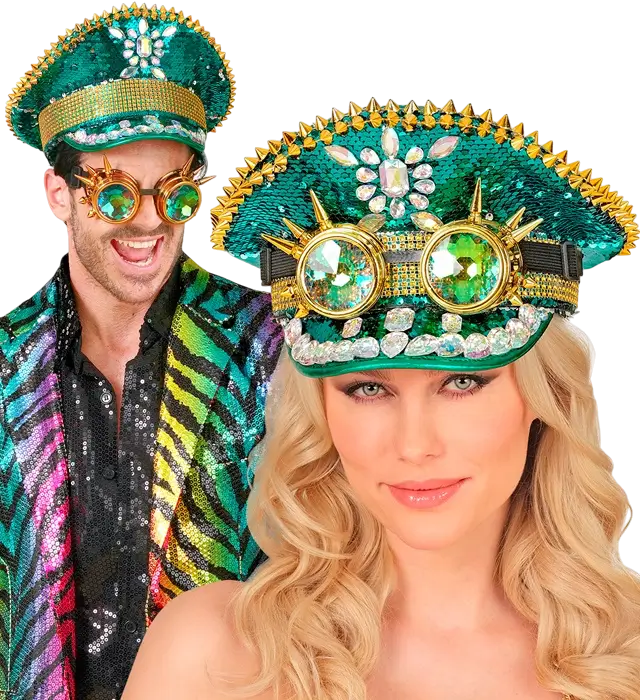 Cappellino Festival Verde con Punte, Gioielli e Occhiali Kaleidoscopici con Paillettes – Accessorio Costume