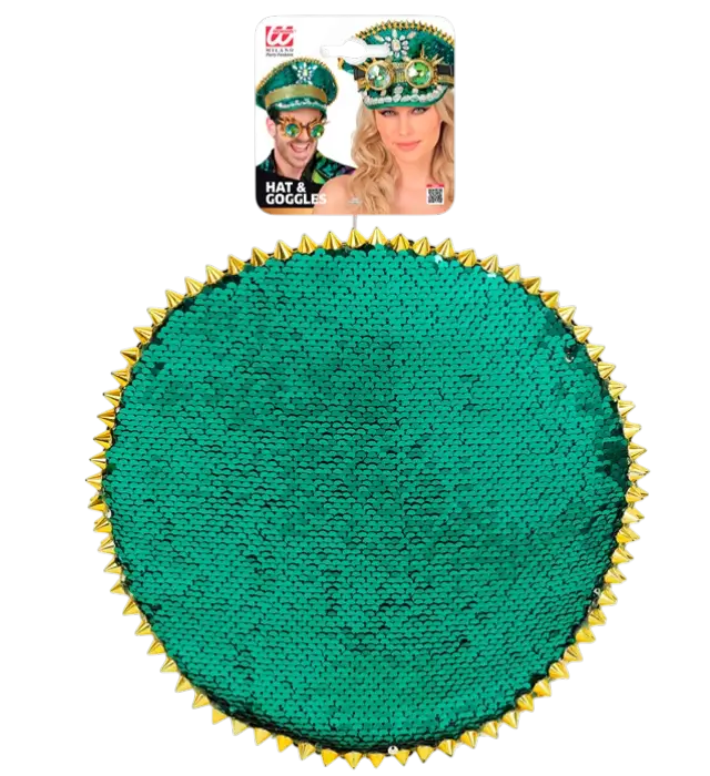 Cappellino Festival Verde con Punte, Gioielli e Occhiali Kaleidoscopici con Paillettes – Accessorio Costume