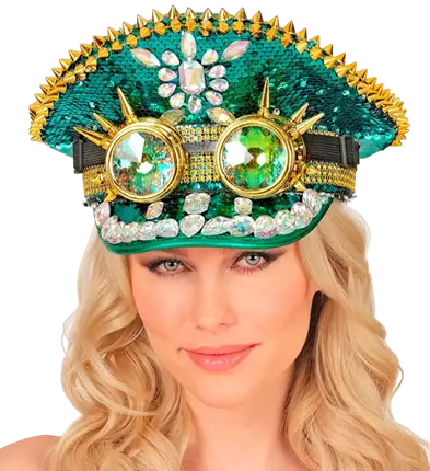 Cappellino Festival Verde con Punte, Gioielli e Occhiali Kaleidoscopici con Paillettes – Accessorio Costume