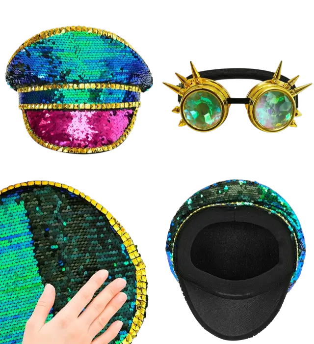 Cappello Festival con Borchie e Occhiali Kaleidoscopici con Punte e Paillettes Multicolore – Accessorio Costume