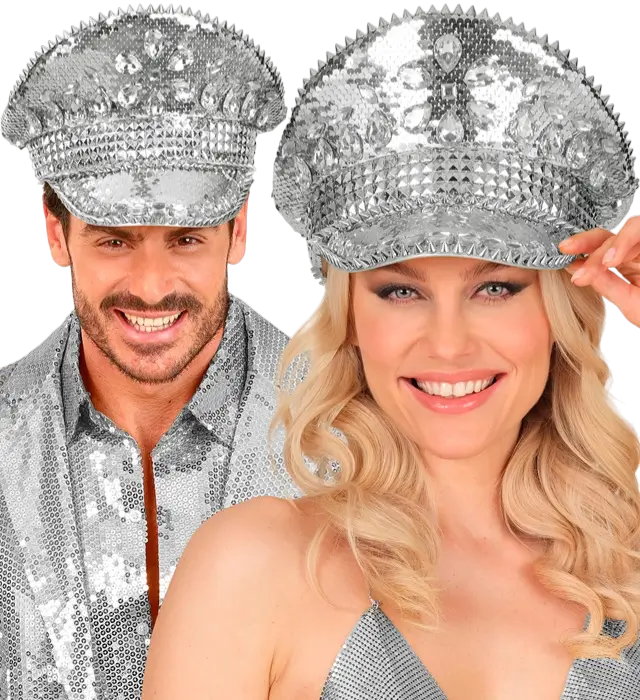 Cappello Festival con Borchie, Gioielli e Paillettes Argento – Accessorio Costume