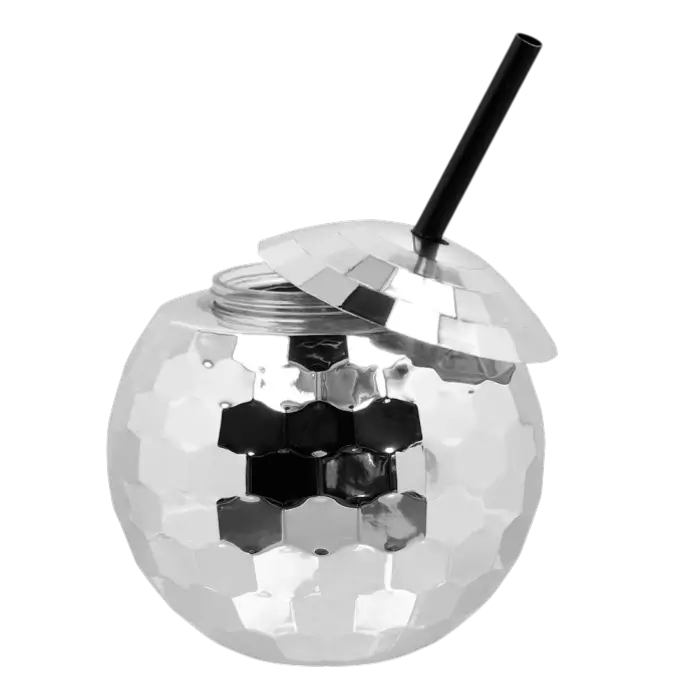 Bicchiere da discoteca a sfera con cannuccia argentata 600ml