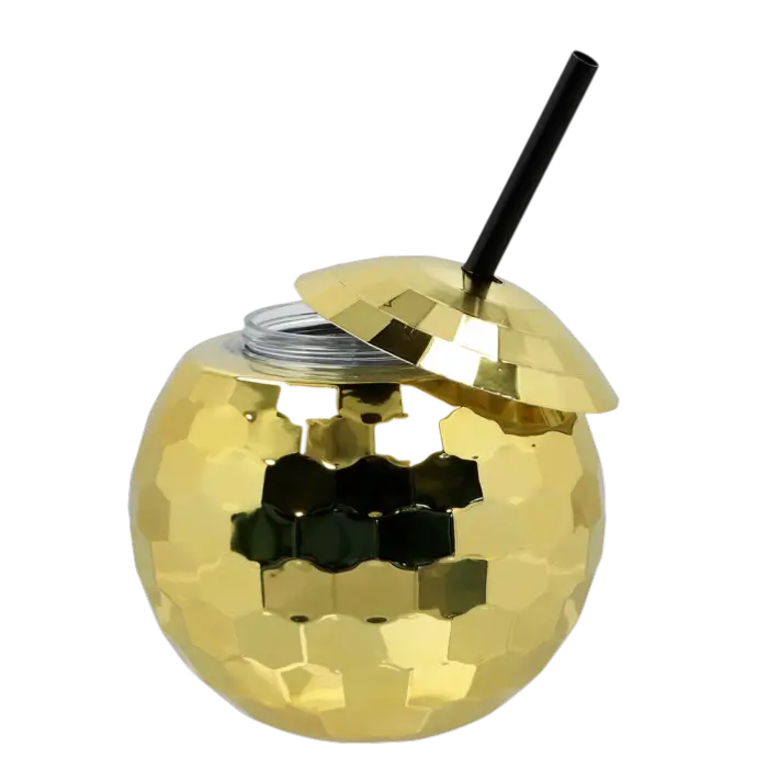 Tazza da discoteca a sfera con cannuccia dorata 600ml