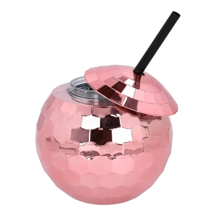 Bicchiere con palla da discoteca e cannuccia in oro rosa
