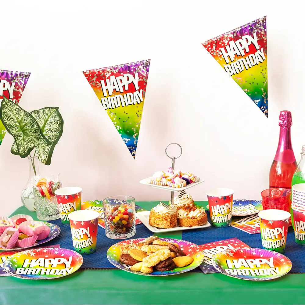 Set di 10 piatti di carta Rainbow 'Happy birthday' (XL)