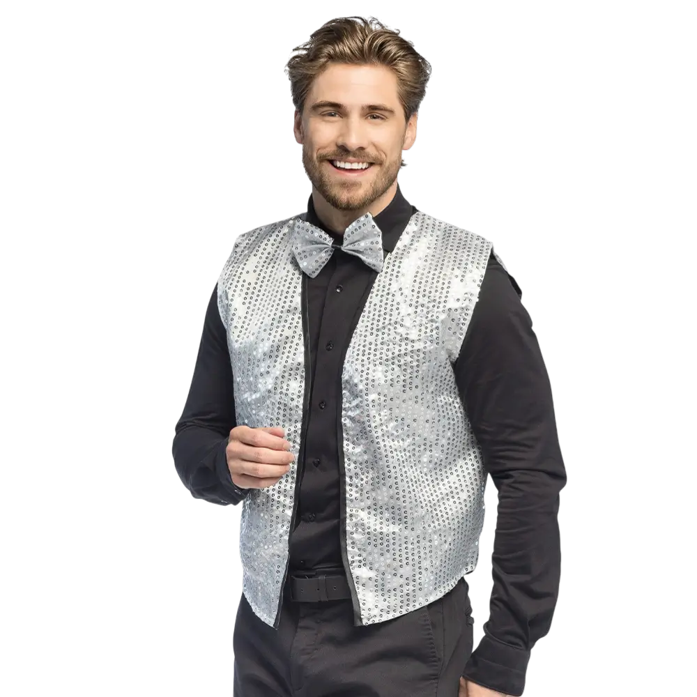Gilet e papillon con paillettes "Spangles" - Taglia M/L - Argento