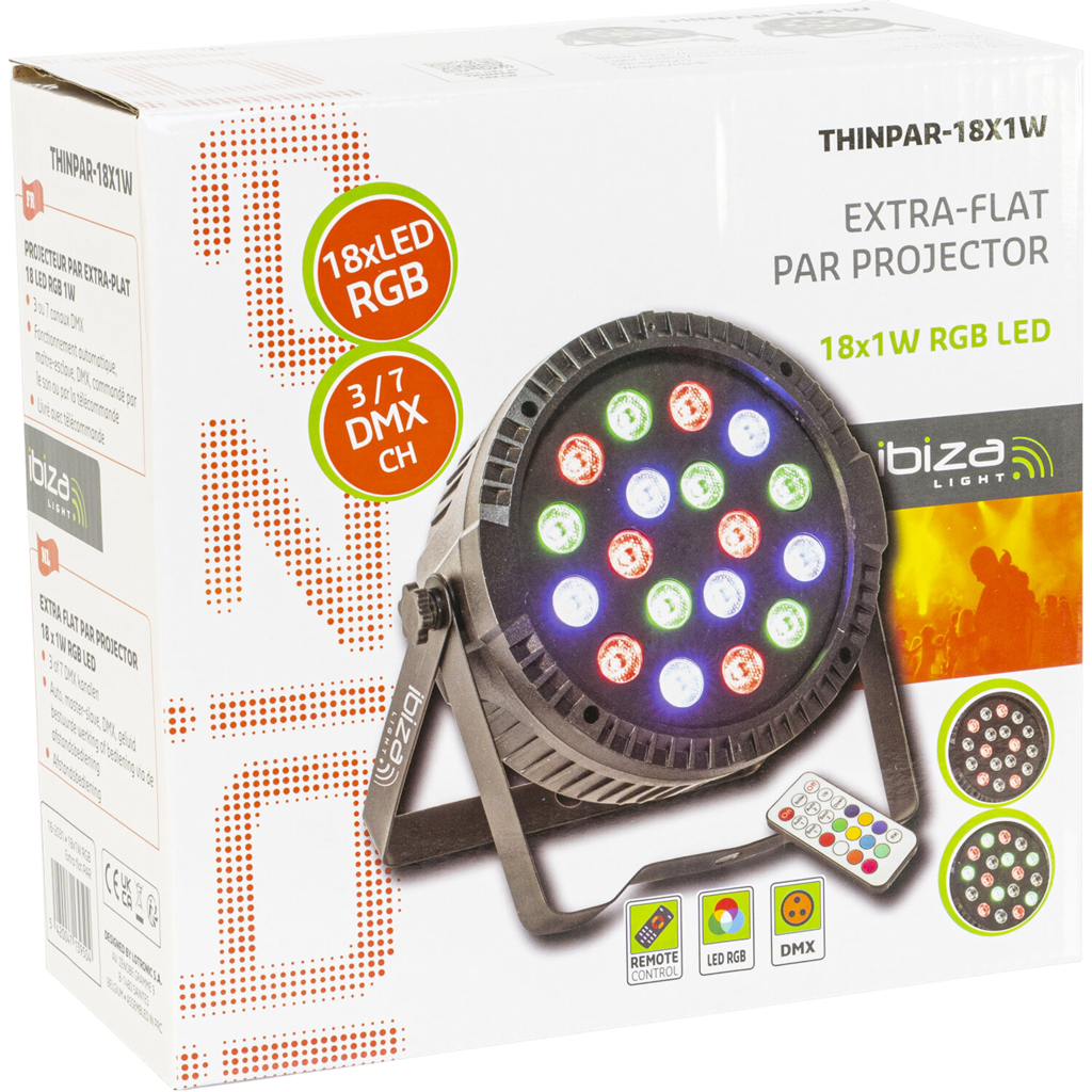 Proiettore PAR EXTRA-PLAT - 18 led RGB 1W (6 rossi, 6 verdi, 6 blu) - Ibiza light