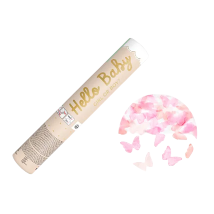 Cannone di coriandoli Gender Reveal con farfalle rosa 20 cm