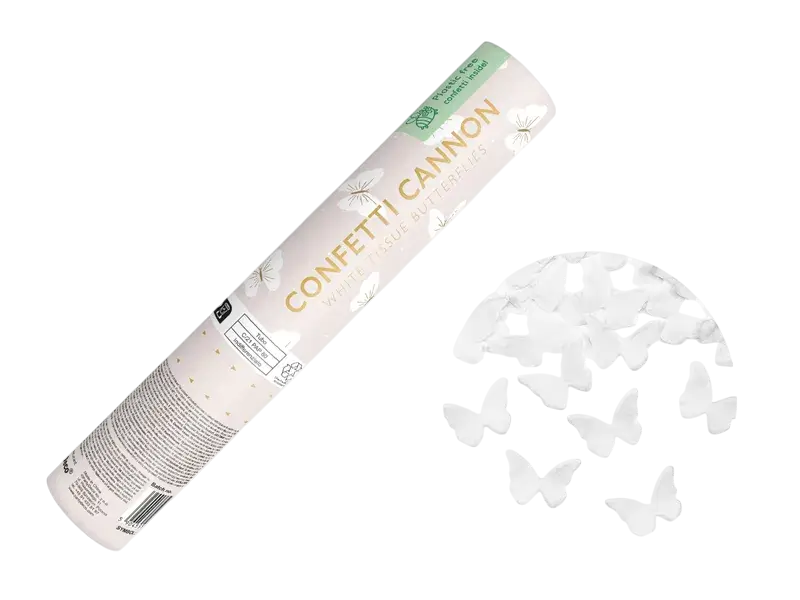 Cannone di coriandoli con farfalle bianche 20 cm
