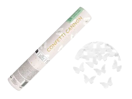 Cannone di coriandoli con farfalle bianche 20 cm