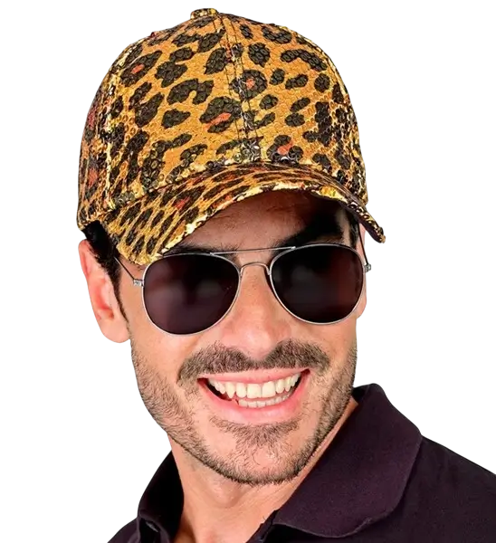 Cappello in paillettes, stampa leopardo arancione
