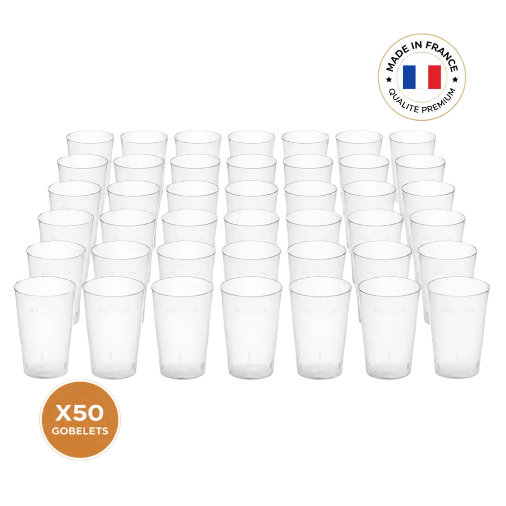 Confezione da 50 bicchieri Ecocup da 25 cl (33 cl a bordo pieno) riutilizzabili - Tipo Demi, Succhi, Bevande analcoliche