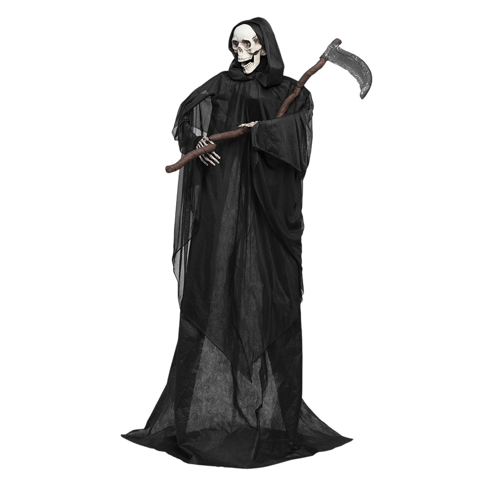 Bambola scheletrica della Morte con falce animata, 183 cm – Halloween
