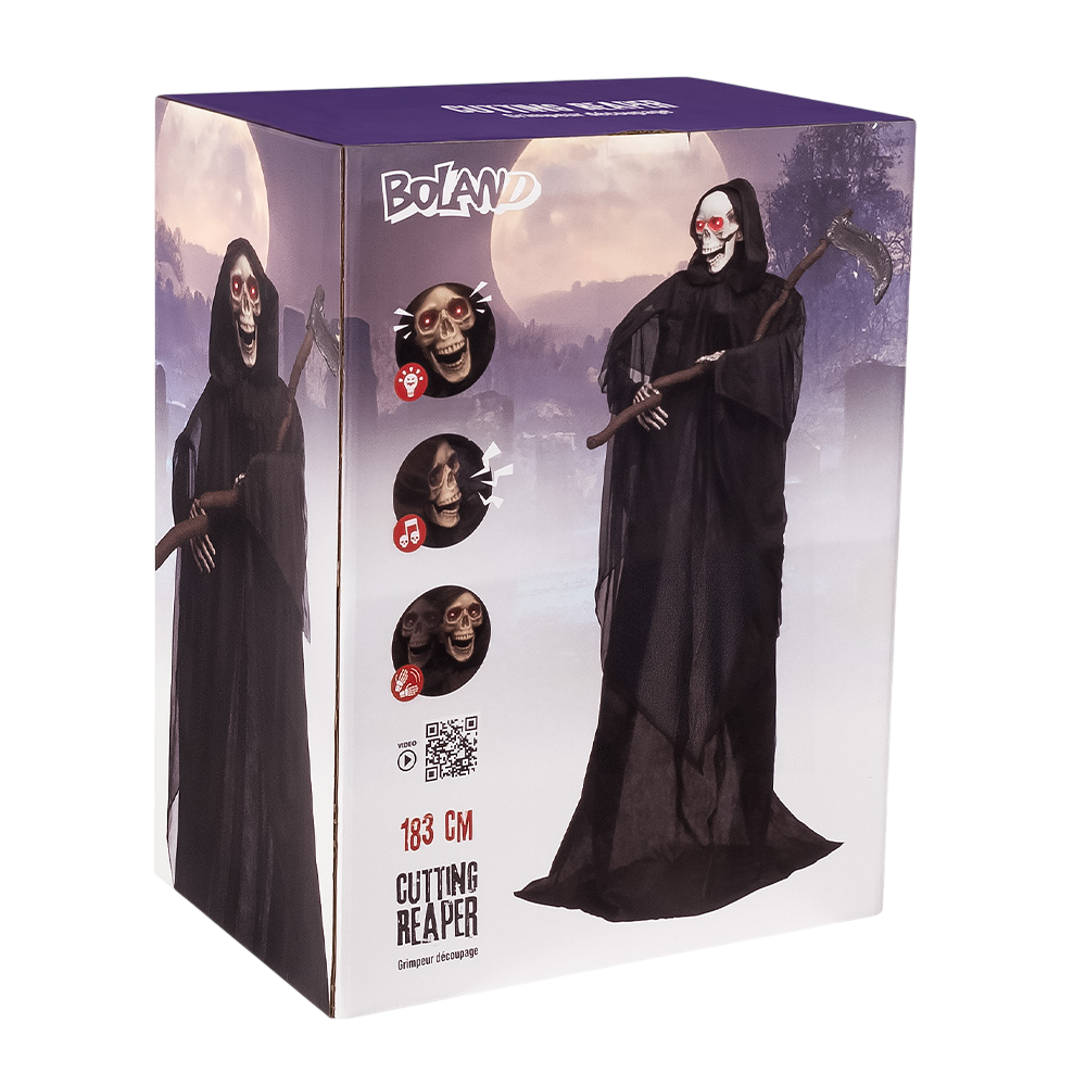 Bambola scheletrica della Morte con falce animata, 183 cm – Halloween