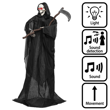 Bambola scheletrica della Morte con falce animata, 183 cm – Halloween