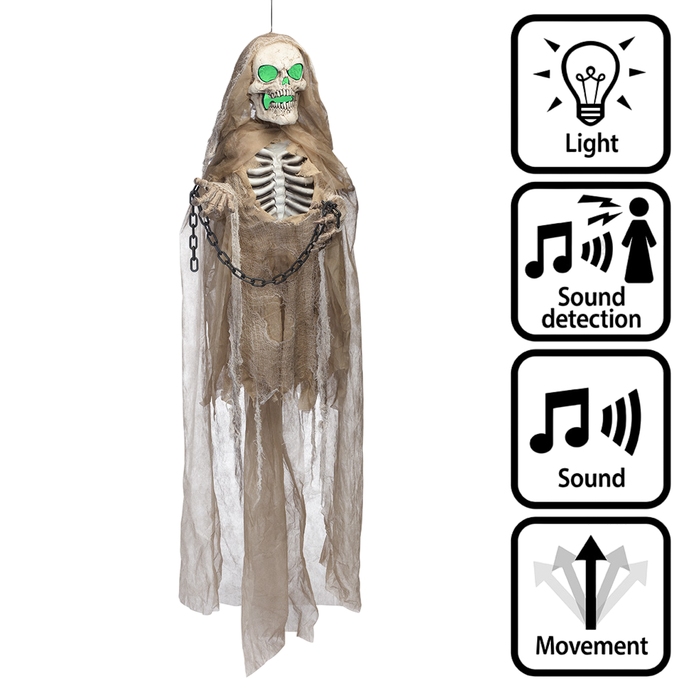 Bambola scheletro animata, luminosa e sonora con catene, 183 cm – Halloween