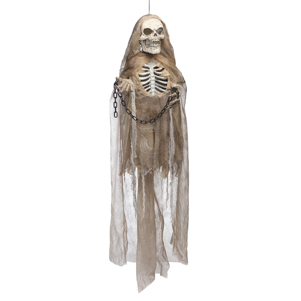 Bambola scheletro animata, luminosa e sonora con catene, 183 cm – Halloween