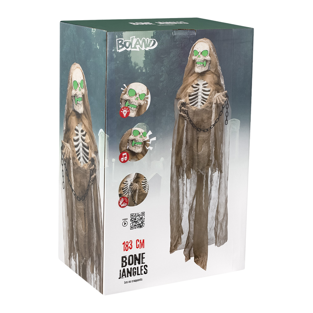 Bambola scheletro animata, luminosa e sonora con catene, 183 cm – Halloween
