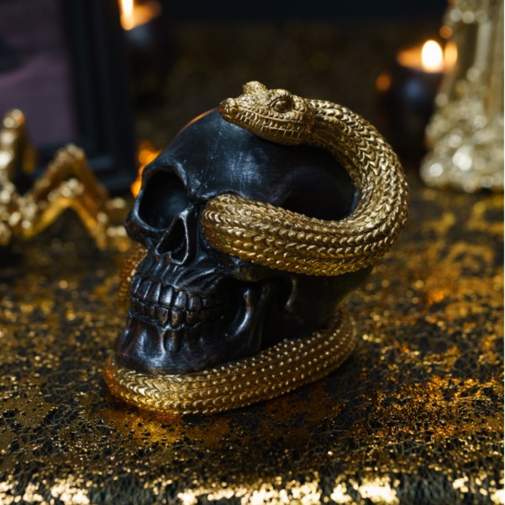 Teschio con serpente dorato 14,5 cm – Decorazione di Halloween