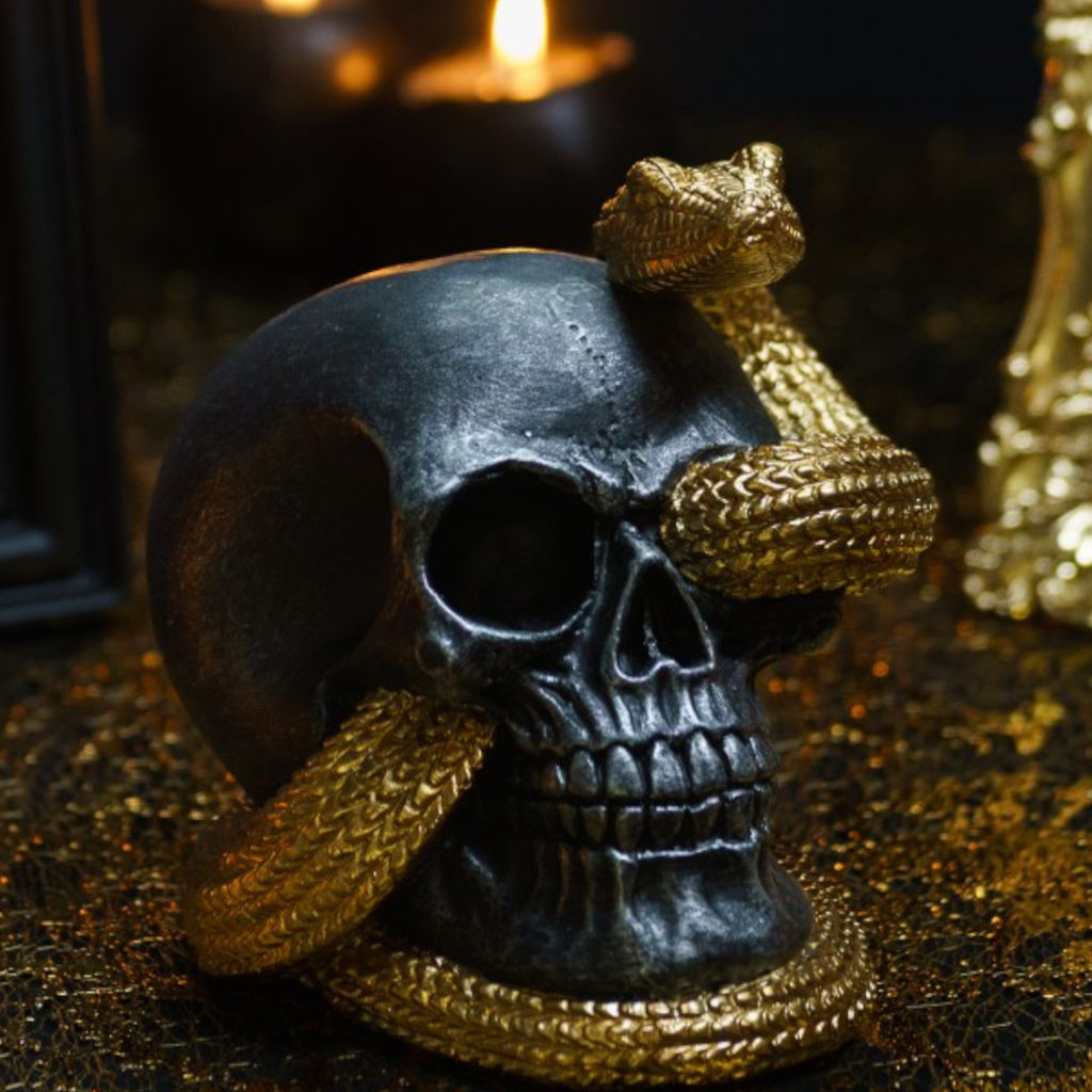 Teschio con serpente dorato 14,5 cm – Decorazione di Halloween
