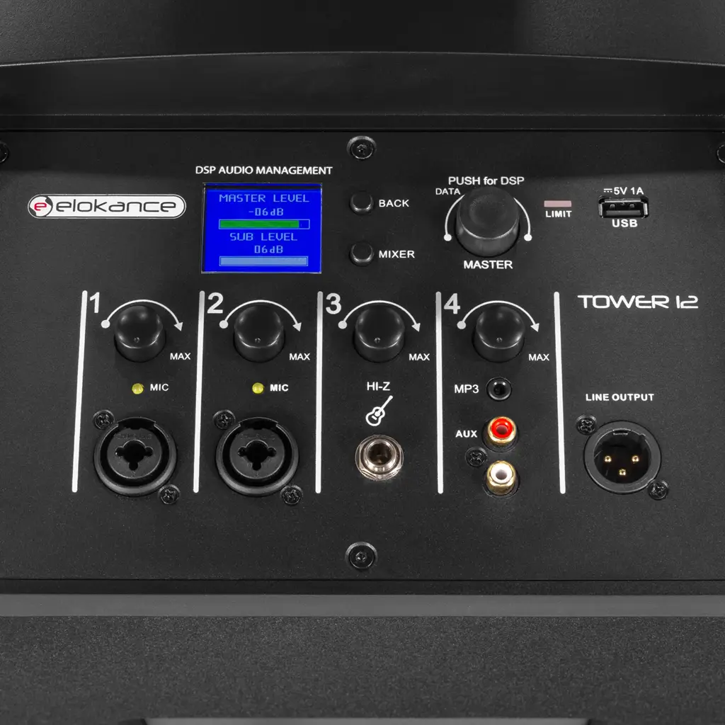 Sistema a colonna attivo a 3 vie da 800 W RMS con subwoofer da 12" – Elokance