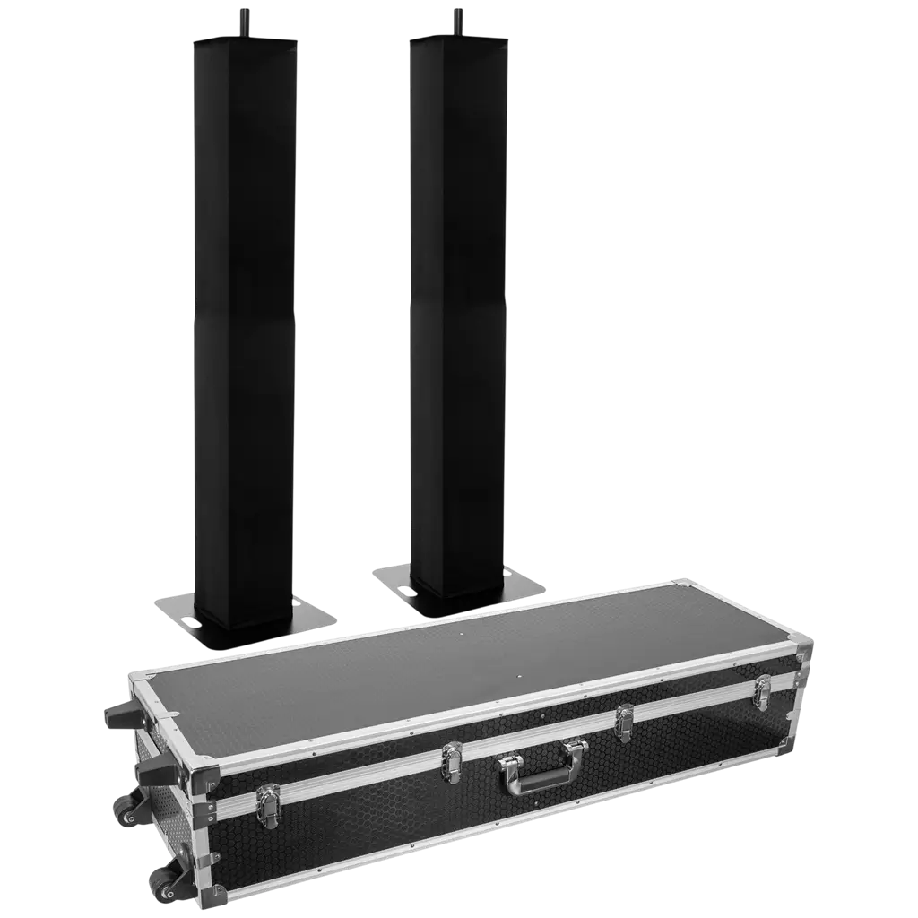 Confezione da 2 totem estensibili da 106 a 195 cm con fasce in lycra nere e flight case – Plugger