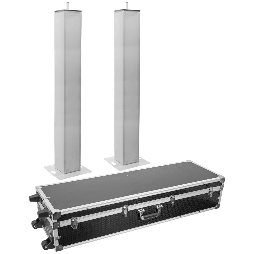 Confezione da 2 totem estensibili da 106 a 195 cm con fasce in lycra bianche e flight case – Plugger