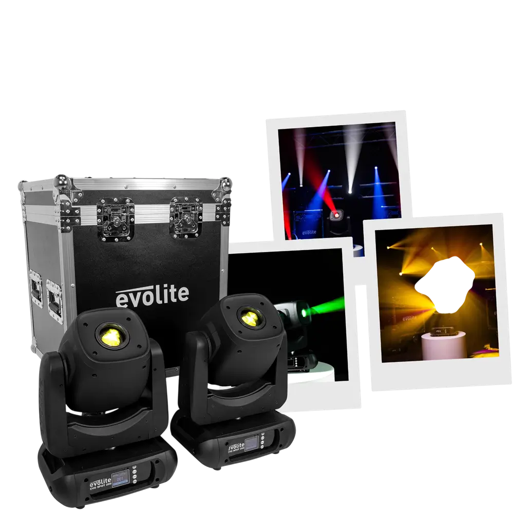 Confezione da 2 proiettori Spot LED da 200 W ad alta luminosità con flight case – Evolite