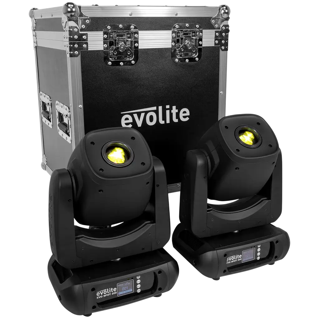 Confezione da 2 proiettori Spot LED da 200 W ad alta luminosità con flight case – Evolite